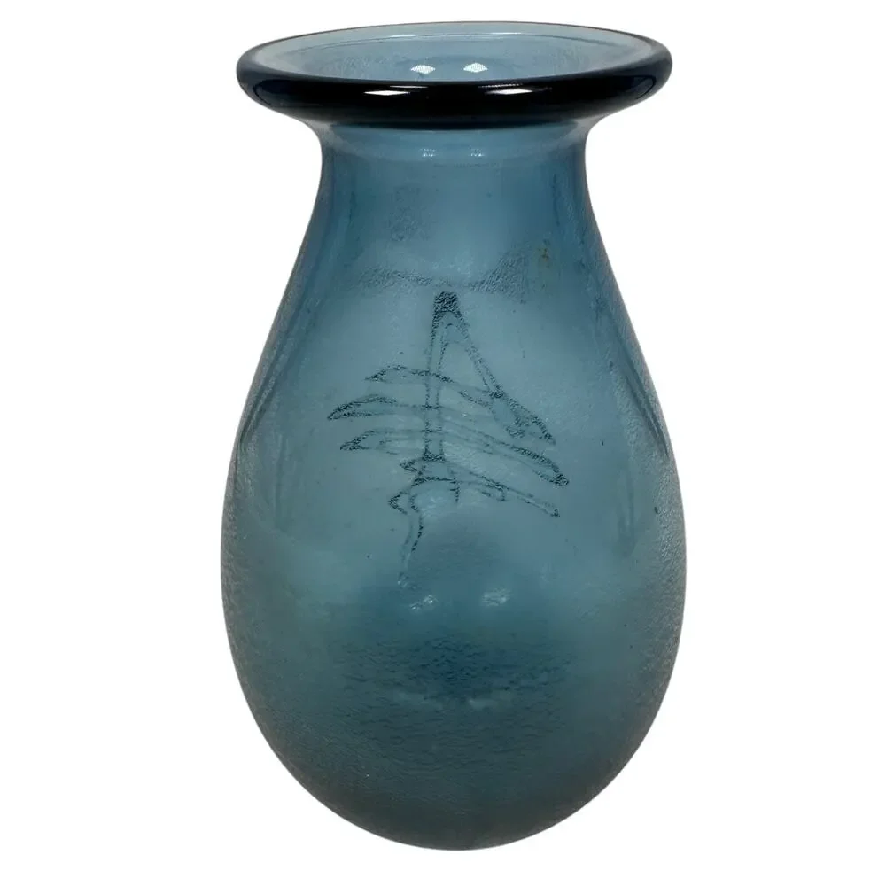 Vintage Buzz Williams Signed Art Glass Hand Blown Vase Blue Subtle Mottled‎ 1983